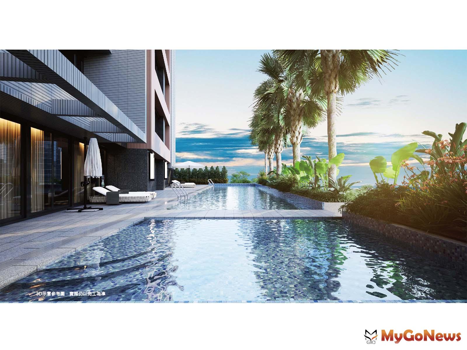 「新美齊画世代」五星級飯店般的公設，規劃以享樂生活為主題的社區型態，期許打造健康、自然、智能、安全、人文的時尚潮流居所。(圖/業者提供、游泳池3D立面示意圖) MyGoNews房地產新聞 熱銷推案